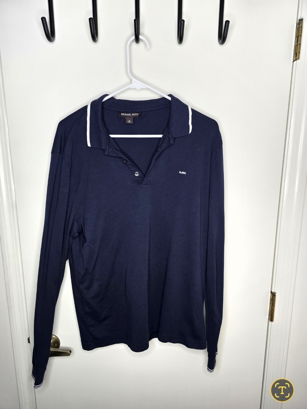 Michael Kors Navy Long Sleeve Polo with White Trim Medium